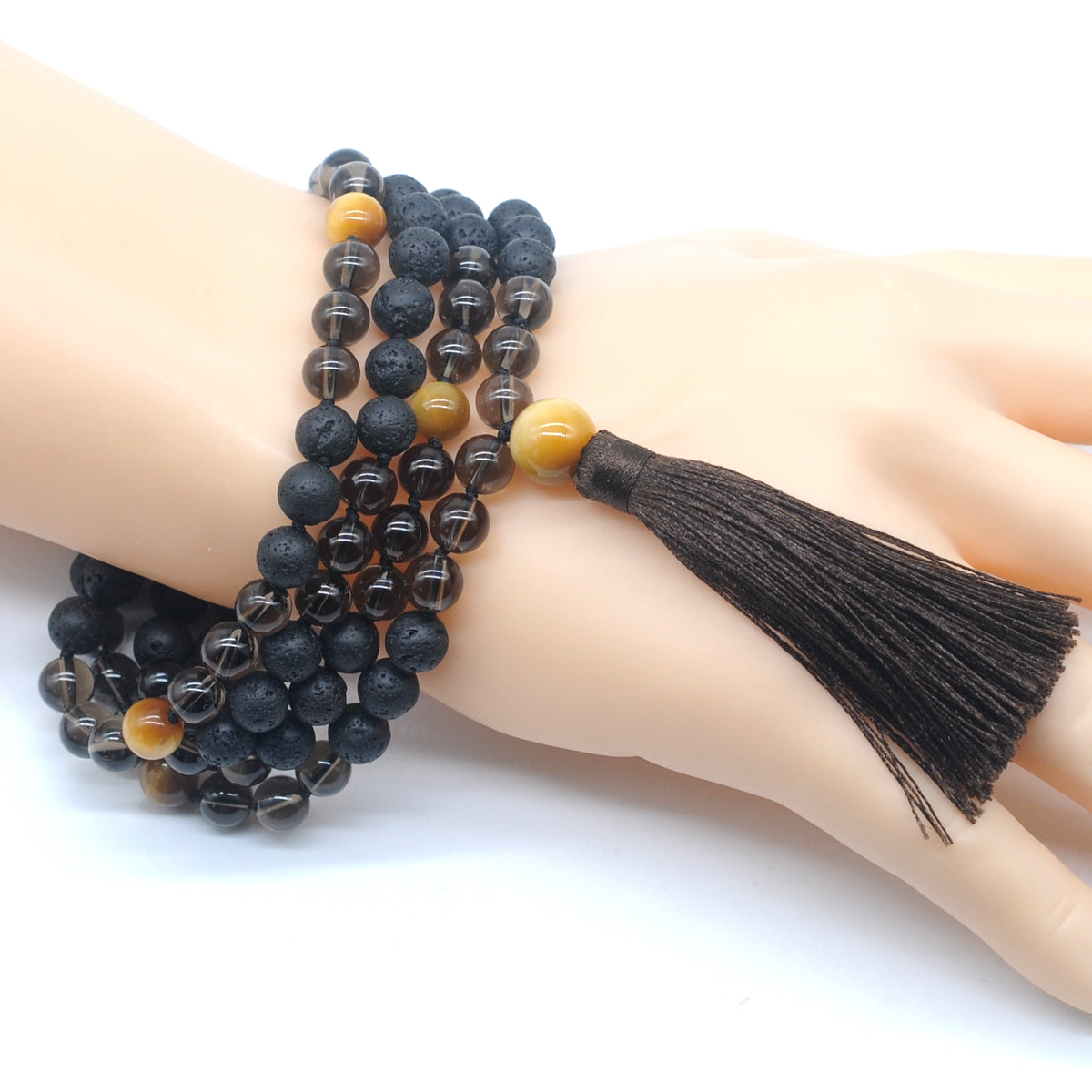 GMN379 Hand-Knotted Black Lava, Smoky Quartz & Golden Tiger Eye 108 Beads Mala Necklace