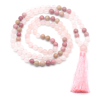 GMN380 Hand-Knotted Rose Quartz & Pink Wood Jasper 108 Beads Mala Necklace