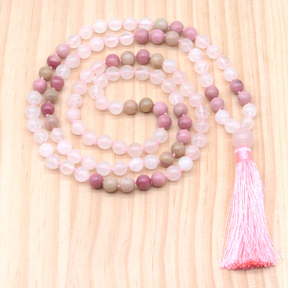 GMN380 Hand-Knotted Rose Quartz & Pink Wood Jasper 108 Beads Mala Necklace