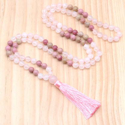 GMN380 Hand-Knotted Rose Quartz & Pink Wood Jasper 108 Beads Mala Necklace