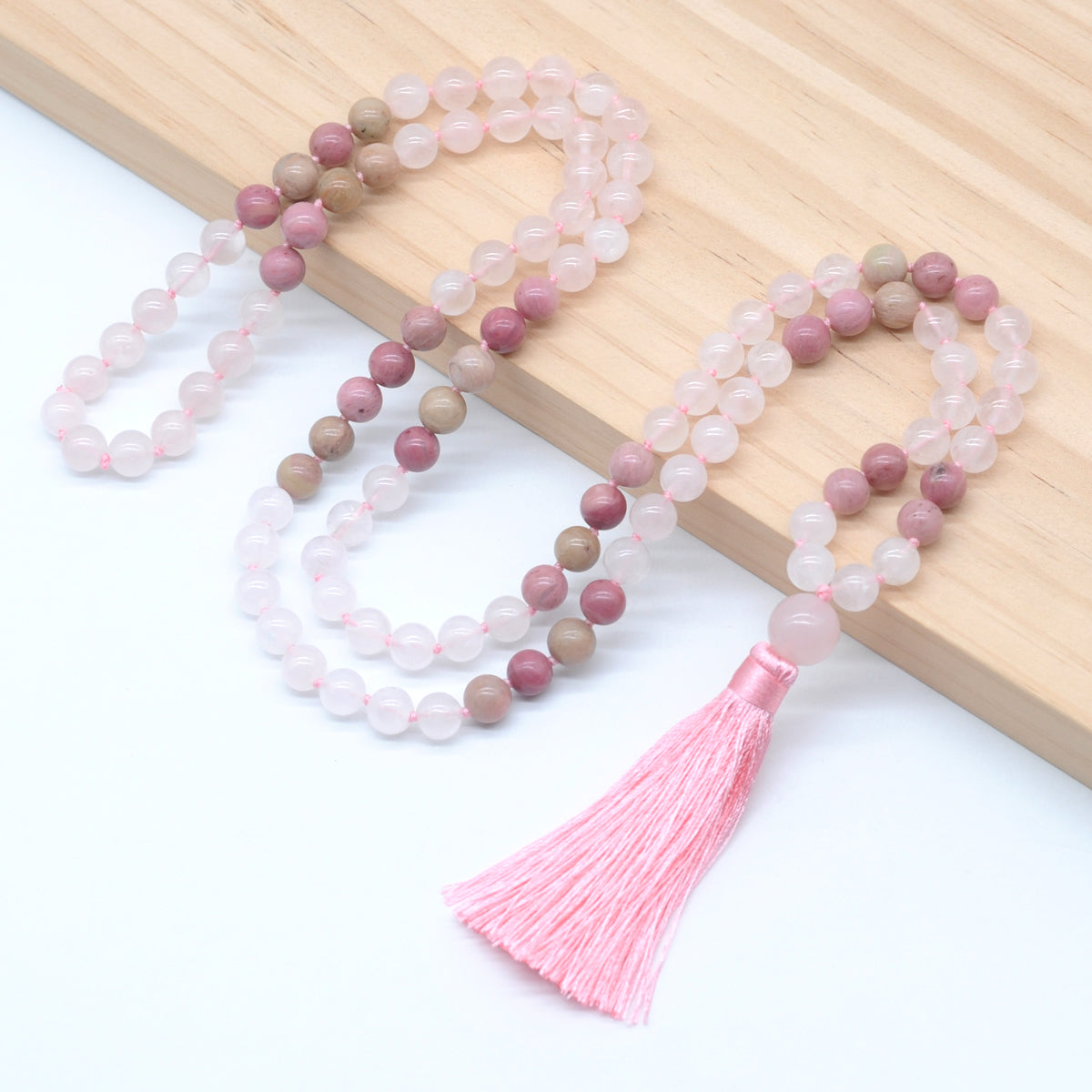 GMN380 Hand-Knotted Rose Quartz & Pink Wood Jasper 108 Beads Mala Necklace