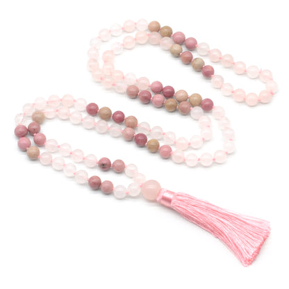 GMN380 Hand-Knotted Rose Quartz & Pink Wood Jasper 108 Beads Mala Necklace