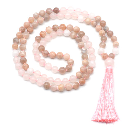 GMN381 Hand-Knotted Sunstone, Rose Quartz & White Jade 108 Beads Mala Necklace