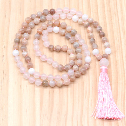 GMN381 Hand-Knotted Sunstone, Rose Quartz & White Jade 108 Beads Mala Necklace