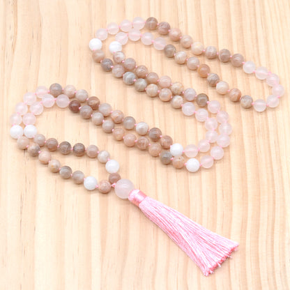 GMN381 Hand-Knotted Sunstone, Rose Quartz & White Jade 108 Beads Mala Necklace