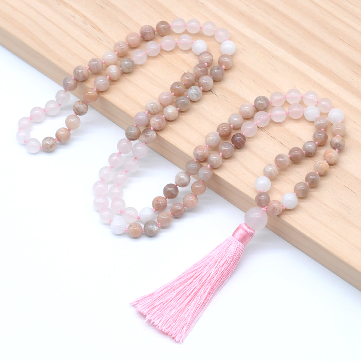 GMN381 Hand-Knotted Sunstone, Rose Quartz & White Jade 108 Beads Mala Necklace