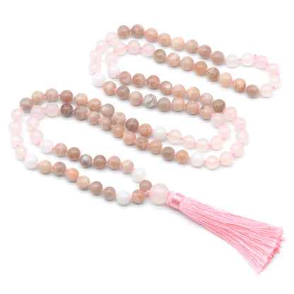 GMN381 Hand-Knotted Sunstone, Rose Quartz & White Jade 108 Beads Mala Necklace