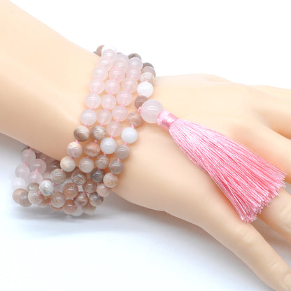 GMN381 Hand-Knotted Sunstone, Rose Quartz & White Jade 108 Beads Mala Necklace