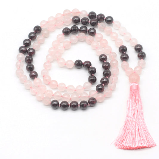 GMN382 Hand-Knotted Rose Quartz & Garnet 108 Beads Mala Necklace