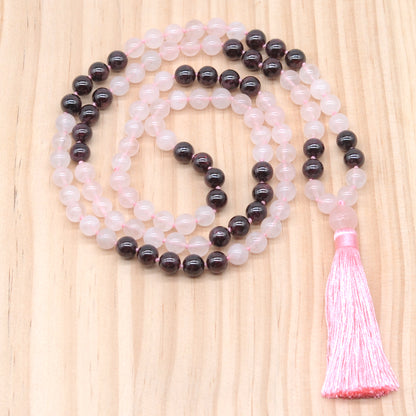 GMN382 Hand-Knotted Rose Quartz & Garnet 108 Beads Mala Necklace