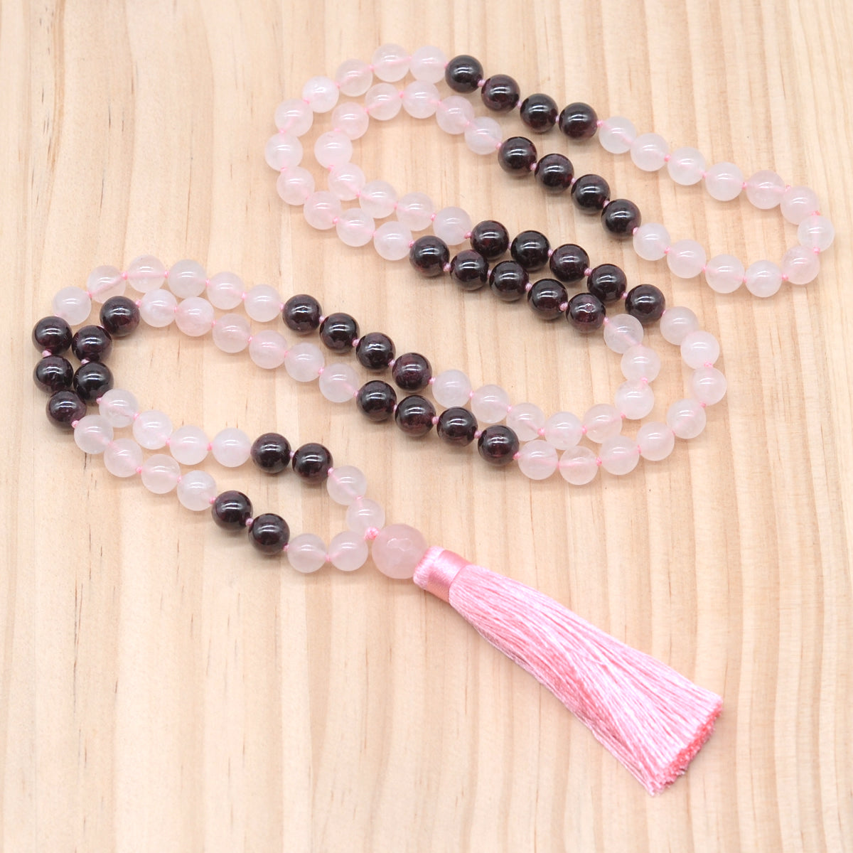 GMN382 Hand-Knotted Rose Quartz & Garnet 108 Beads Mala Necklace