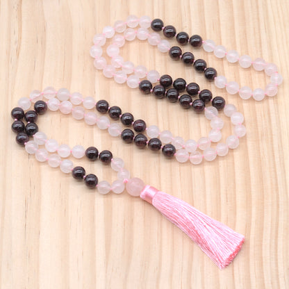 GMN382 Hand-Knotted Rose Quartz & Garnet 108 Beads Mala Necklace