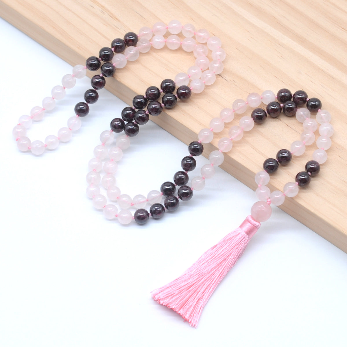 GMN382 Hand-Knotted Rose Quartz & Garnet 108 Beads Mala Necklace