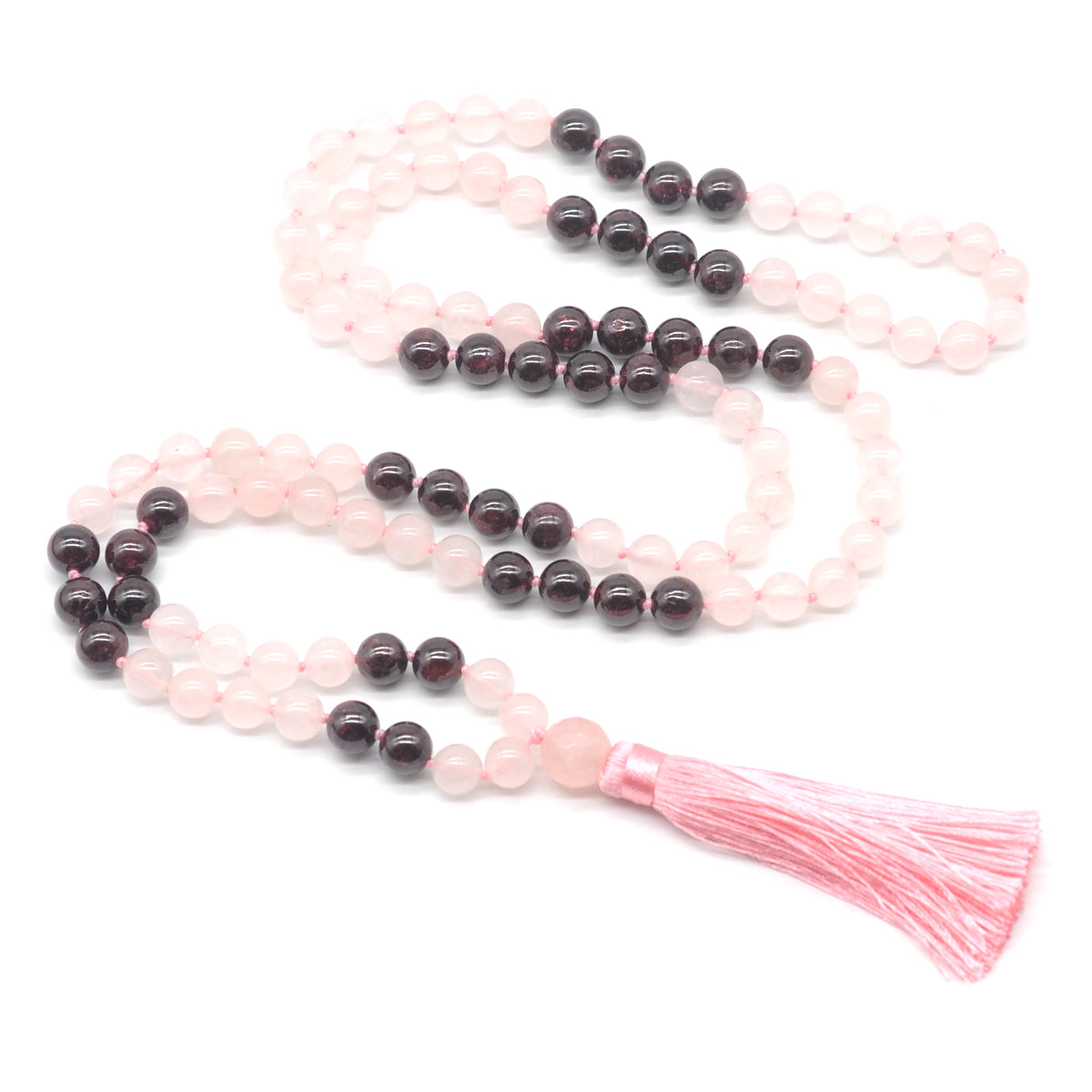 GMN382 Hand-Knotted Rose Quartz & Garnet 108 Beads Mala Necklace