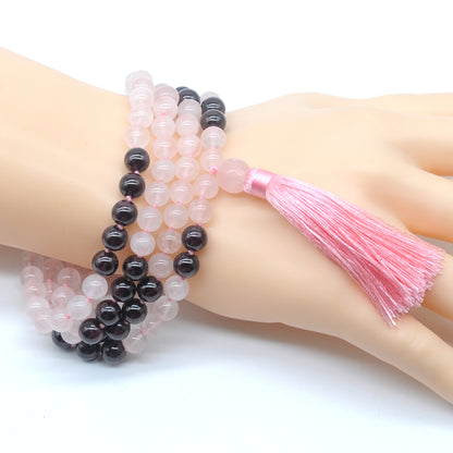 GMN382 Hand-Knotted Rose Quartz & Garnet 108 Beads Mala Necklace