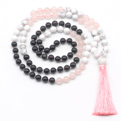 GMN383 Hand-Knotted Black Agate, Rose Quartz & White Howlite 108 Beads Mala Necklace