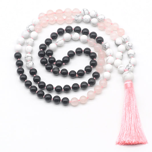 GMN383 Hand-Knotted Black Agate, Rose Quartz & White Howlite 108 Beads Mala Necklace