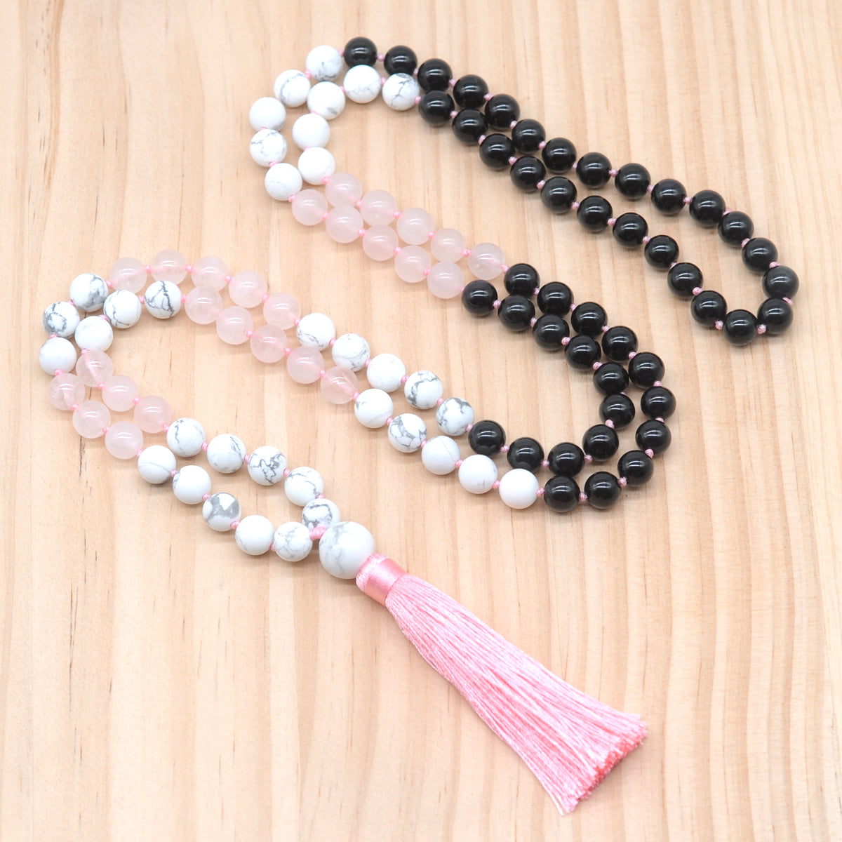 GMN383 Hand-Knotted Black Agate, Rose Quartz & White Howlite 108 Beads Mala Necklace