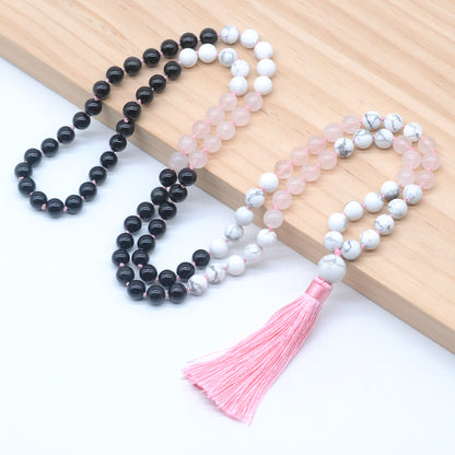 GMN383 Hand-Knotted Black Agate, Rose Quartz & White Howlite 108 Beads Mala Necklace