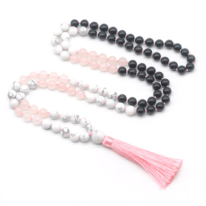 GMN383 Hand-Knotted Black Agate, Rose Quartz & White Howlite 108 Beads Mala Necklace