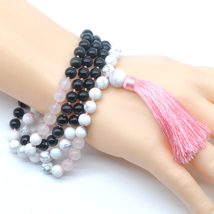 GMN383 Hand-Knotted Black Agate, Rose Quartz & White Howlite 108 Beads Mala Necklace