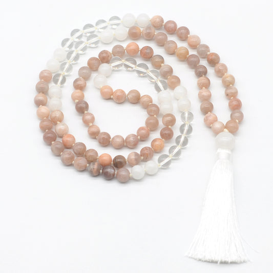 GMN384 Hand-Knotted Sunstone, Clear Quartz & White Jade 108 Beads Mala Necklace