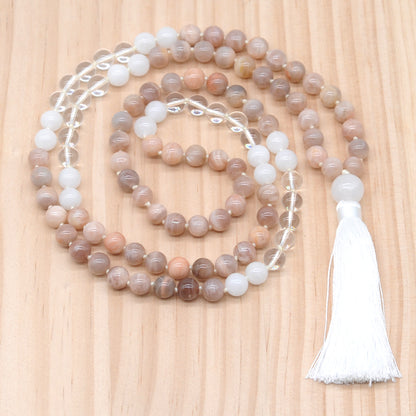 GMN384 Hand-Knotted Sunstone, Clear Quartz & White Jade 108 Beads Mala Necklace