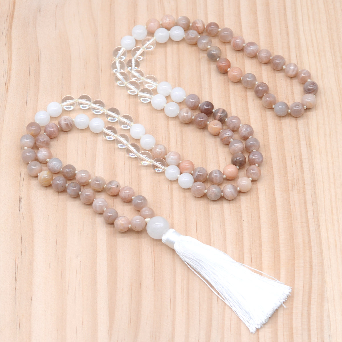 GMN384 Hand-Knotted Sunstone, Clear Quartz & White Jade 108 Beads Mala Necklace