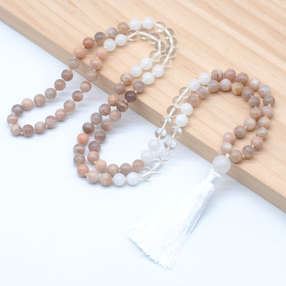 GMN384 Hand-Knotted Sunstone, Clear Quartz & White Jade 108 Beads Mala Necklace