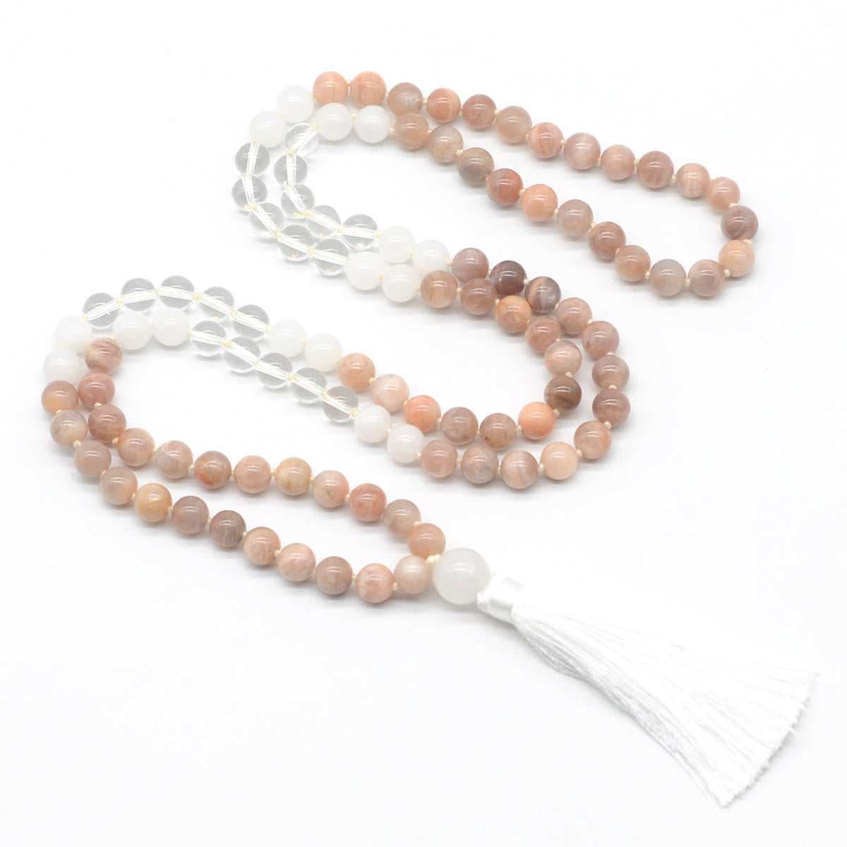 GMN384 Hand-Knotted Sunstone, Clear Quartz & White Jade 108 Beads Mala Necklace