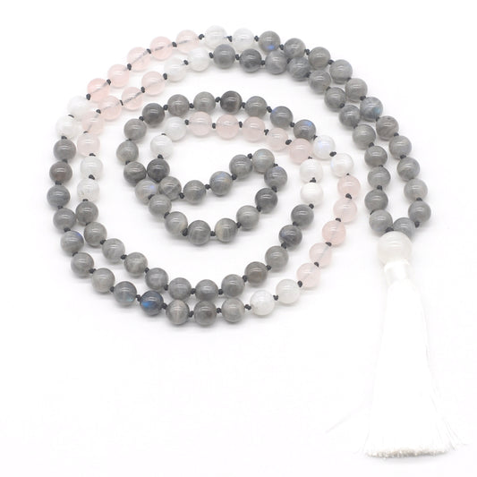 GMN385 Hand-Knotted Labradorite, Rose Quartz & White Moonstone 108 Beads Mala Necklace