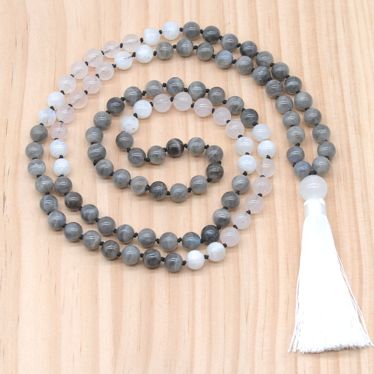 GMN385 Hand-Knotted Labradorite, Rose Quartz & White Moonstone 108 Beads Mala Necklace