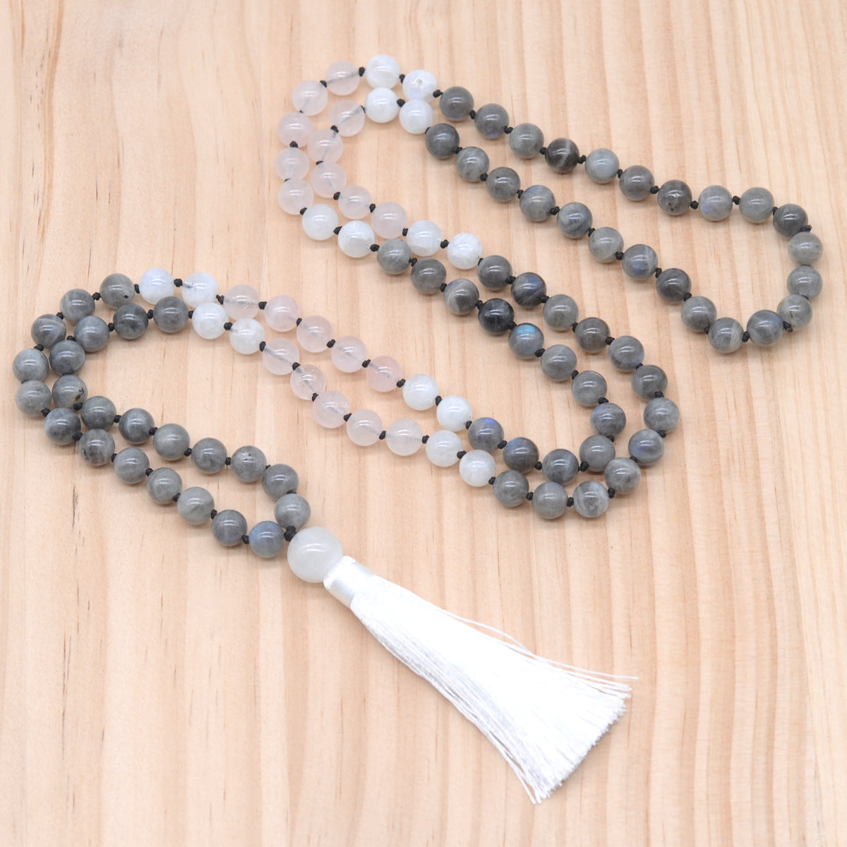 GMN385 Hand-Knotted Labradorite, Rose Quartz & White Moonstone 108 Beads Mala Necklace