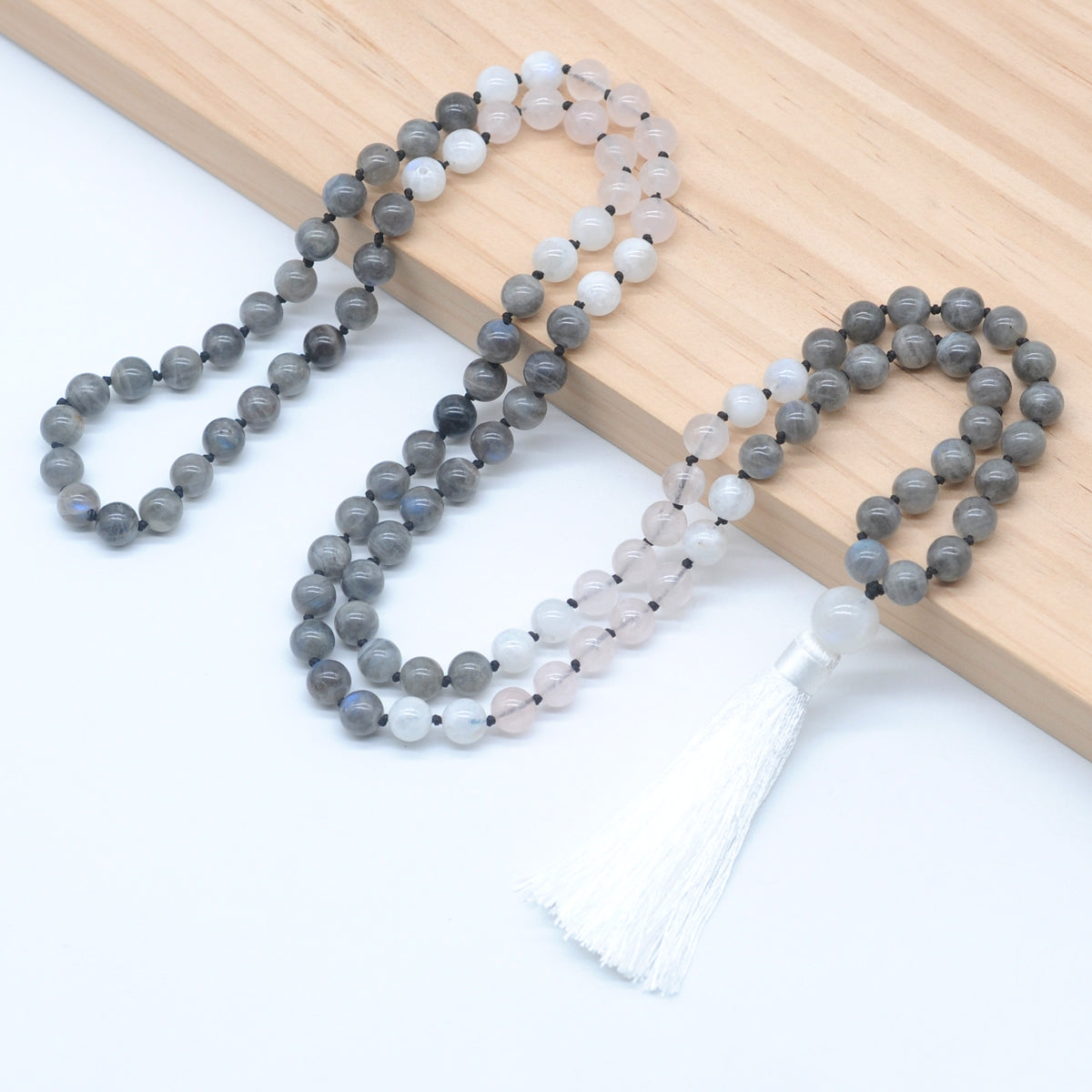 GMN385 Hand-Knotted Labradorite, Rose Quartz & White Moonstone 108 Beads Mala Necklace