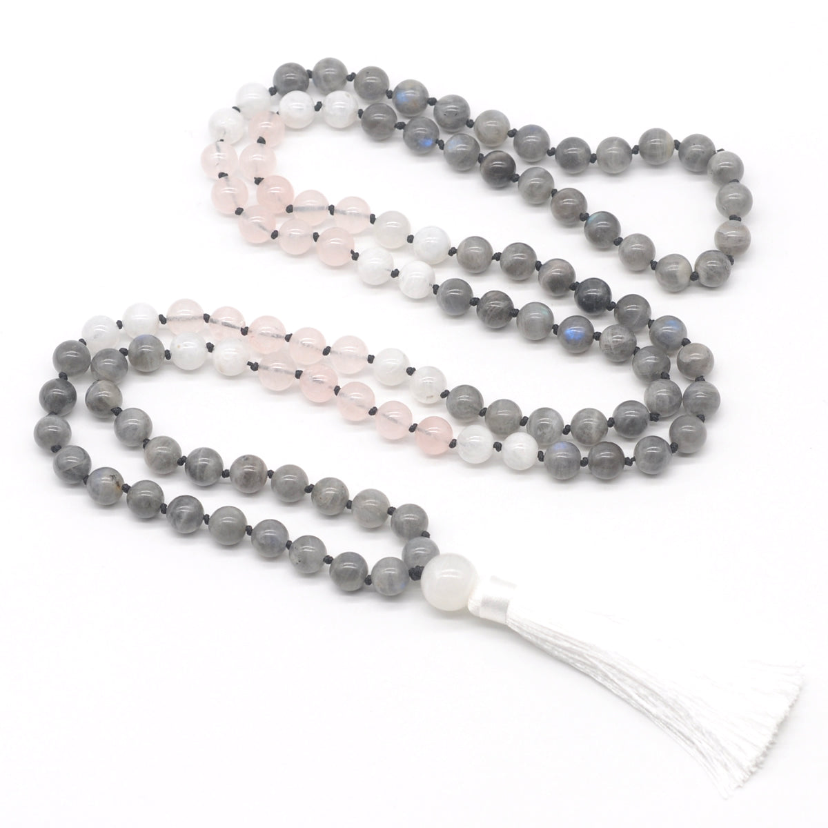 GMN385 Hand-Knotted Labradorite, Rose Quartz & White Moonstone 108 Beads Mala Necklace