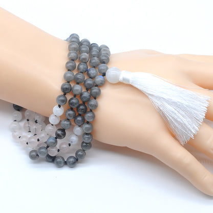 GMN385 Hand-Knotted Labradorite, Rose Quartz & White Moonstone 108 Beads Mala Necklace