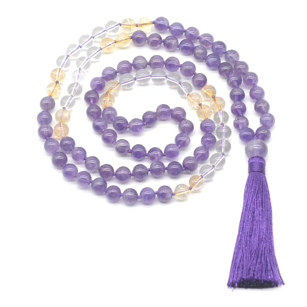 GMN386 Hand-Knotted Amethyst, Citrine & Clear Quartz 108 Beads Mala Necklace