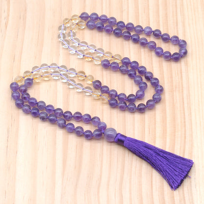 GMN386 Hand-Knotted Amethyst, Citrine & Clear Quartz 108 Beads Mala Necklace