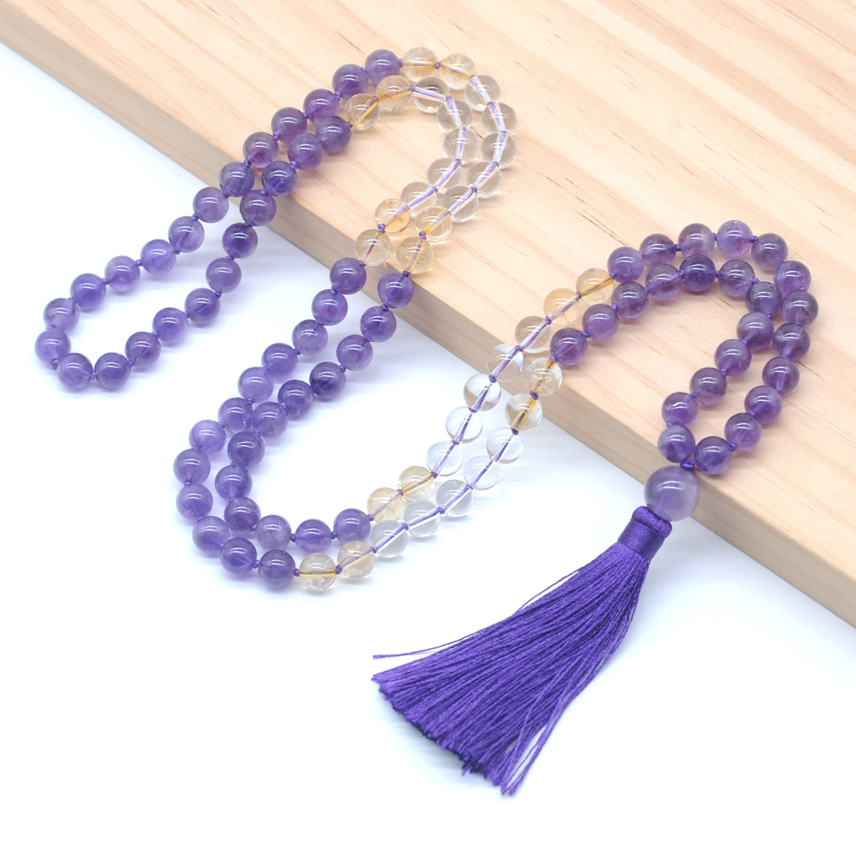 GMN386 Hand-Knotted Amethyst, Citrine & Clear Quartz 108 Beads Mala Necklace