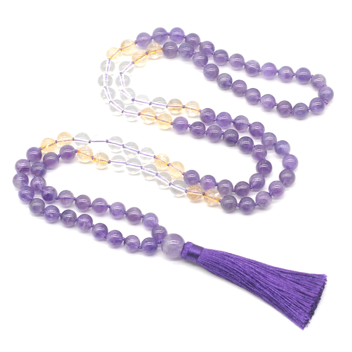 GMN386 Hand-Knotted Amethyst, Citrine & Clear Quartz 108 Beads Mala Necklace