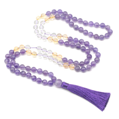 GMN386 Hand-Knotted Amethyst, Citrine & Clear Quartz 108 Beads Mala Necklace