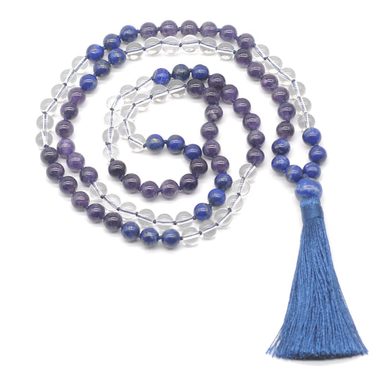 GMN387 Hand-Knotted Amethyst, Clear Quartz & Lapis Lazuli 108 Beads Mala Necklace