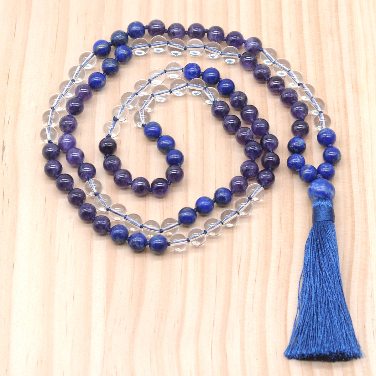 GMN387 Hand-Knotted Amethyst, Clear Quartz & Lapis Lazuli 108 Beads Mala Necklace