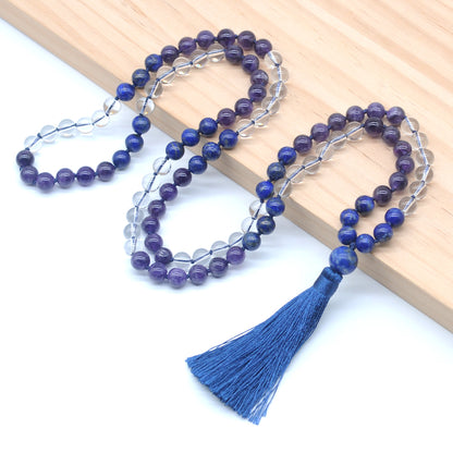 GMN387 Hand-Knotted Amethyst, Clear Quartz & Lapis Lazuli 108 Beads Mala Necklace