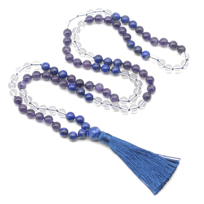 GMN387 Hand-Knotted Amethyst, Clear Quartz & Lapis Lazuli 108 Beads Mala Necklace