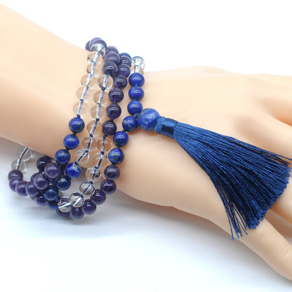 GMN387 Hand-Knotted Amethyst, Clear Quartz & Lapis Lazuli 108 Beads Mala Necklace