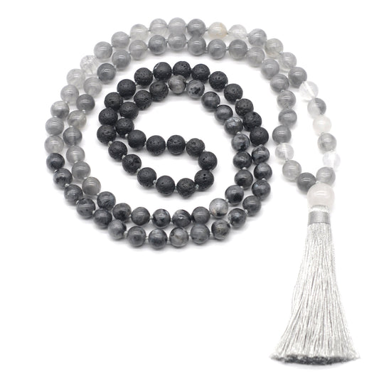 GMN388 Hand-Knotted Black Lava, Black Labradorite & Cloudy Quartz 108 Beads Mala Necklace