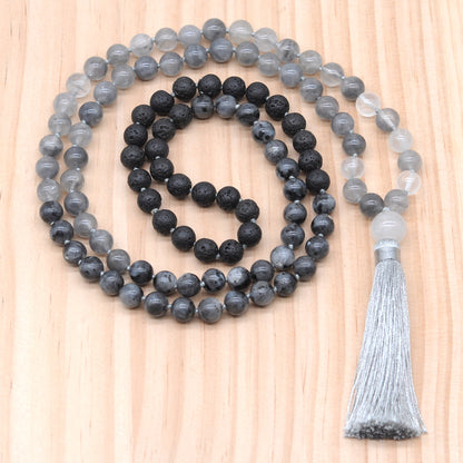 GMN388 Hand-Knotted Black Lava, Black Labradorite & Cloudy Quartz 108 Beads Mala Necklace