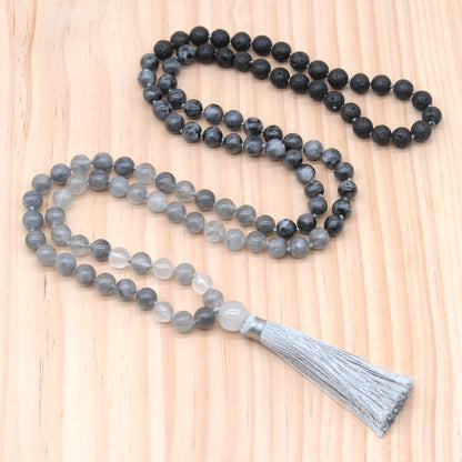 GMN388 Hand-Knotted Black Lava, Black Labradorite & Cloudy Quartz 108 Beads Mala Necklace