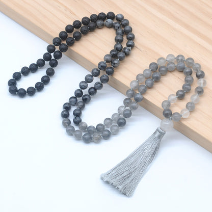 GMN388 Hand-Knotted Black Lava, Black Labradorite & Cloudy Quartz 108 Beads Mala Necklace